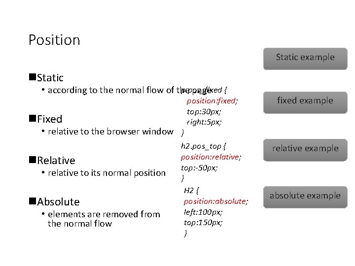 Position Static example n. Static p. pos_fixed • according to the normal flow of