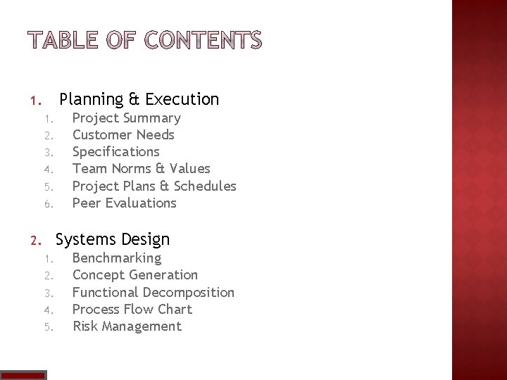 Planning & Execution 1. 1. 2. 3. 4. 5. 6. Project Summary Customer Needs