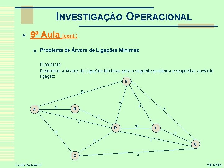 INVESTIGAÇÃO OPERACIONAL û 9ª Aula (cont. ) î Problema de Árvore de Ligações Mínimas