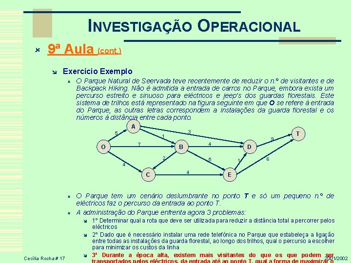 INVESTIGAÇÃO OPERACIONAL û 9ª Aula (cont. ) î Exercício Exemplo û O Parque Natural