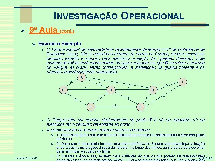 INVESTIGAÇÃO OPERACIONAL û 9ª Aula (cont. ) î Exercício Exemplo û O Parque Natural