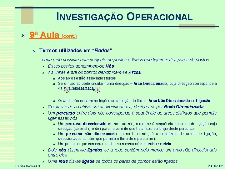 INVESTIGAÇÃO OPERACIONAL û 9ª Aula (cont. ) î Termos utilizados em “Redes” Redes Uma