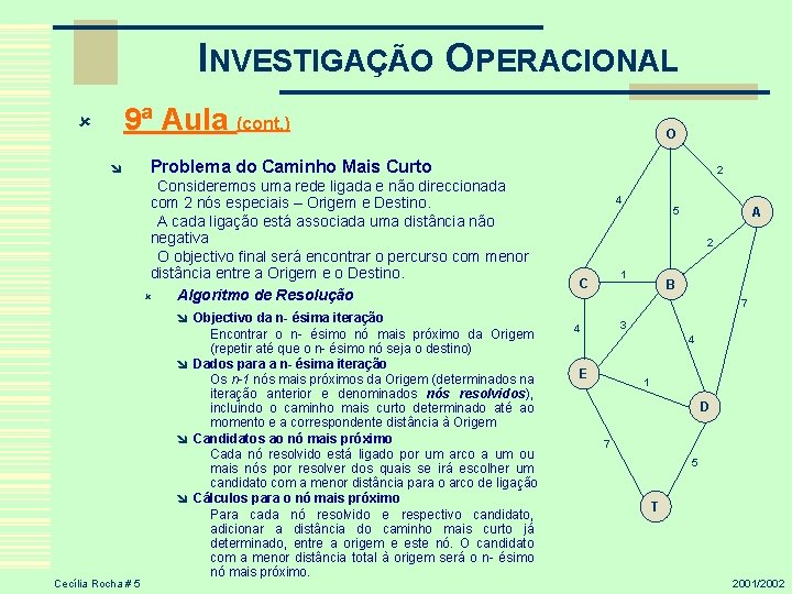 INVESTIGAÇÃO OPERACIONAL 9ª Aula (cont. ) û î Problema do Caminho Mais Curto Consideremos