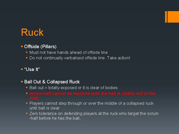 Ruck § Offside (Pillars) § Must not have hands ahead of offside line §