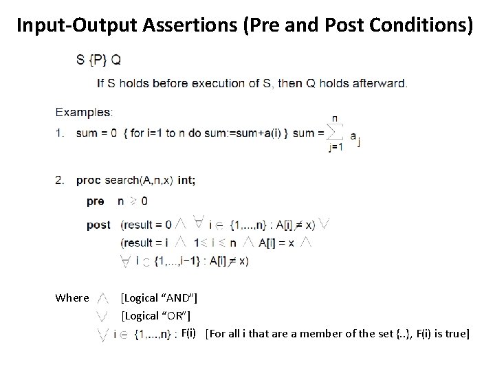 Input-Output Assertions (Pre and Post Conditions) Where [Logical “AND”] [Logical “OR”] F(i) [For all