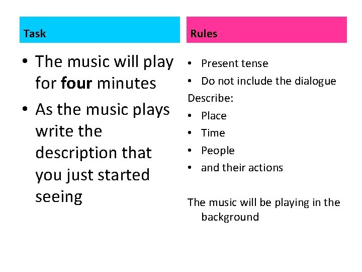 Task Rules • The music will play for four minutes • As the music