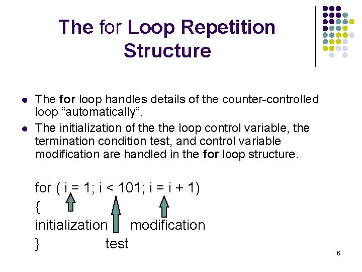 The for Loop Repetition Structure l l The for loop handles details of the