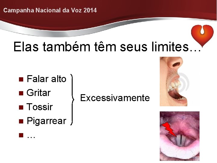 Campanha Nacional da Voz 2014 Elas também têm seus limites… Falar alto Gritar Tossir