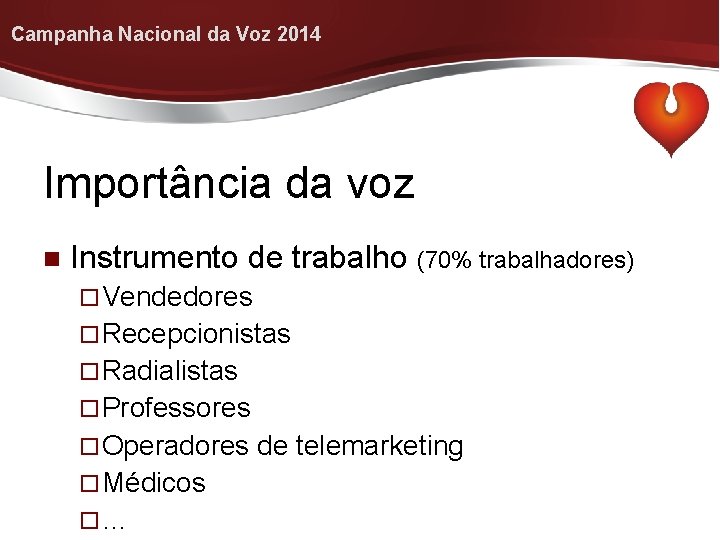 Campanha Nacional da Voz 2014 Importância da voz Instrumento de trabalho (70% trabalhadores) Vendedores