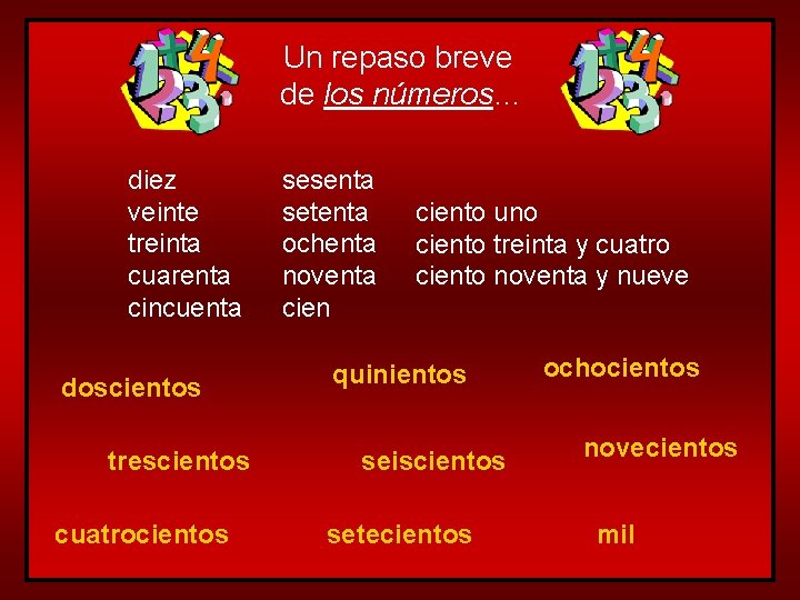 Un repaso breve de los números… diez veinte treinta cuarenta cincuenta doscientos trescientos cuatrocientos