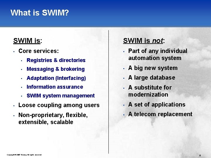 What is SWIM? SWIM is: • Core services: SWIM is not: • Part of