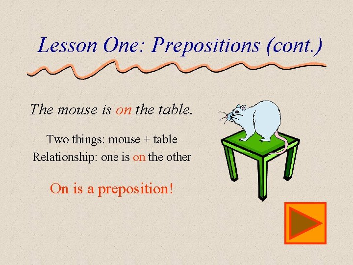 Lesson One: Prepositions (cont. ) The mouse is on the table. Two things: mouse