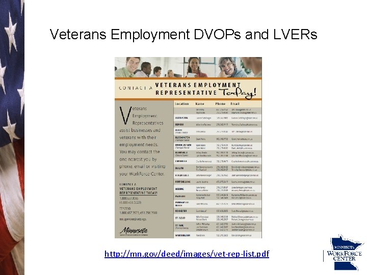 Veterans Employment DVOPs and LVERs http: //mn. gov/deed/images/vet-rep-list. pdf 