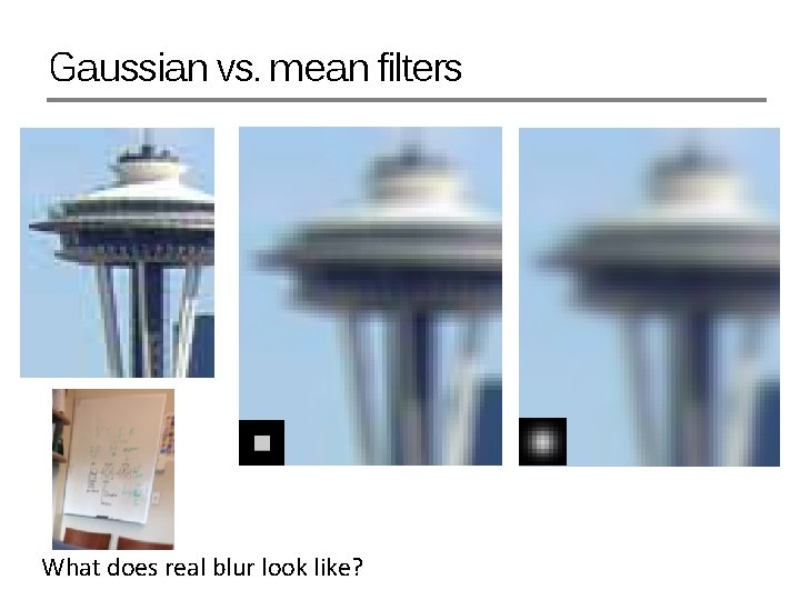 Gaussian vs. mean filters What does real blur look like? 
