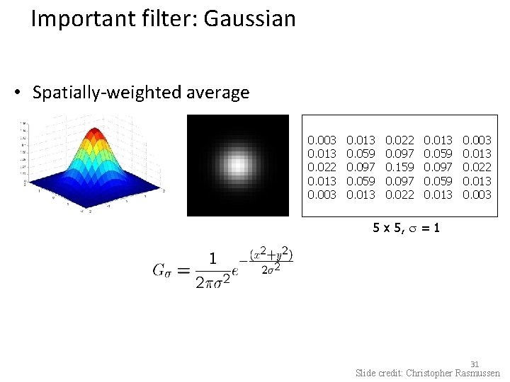 Important filter: Gaussian • Spatially-weighted average 0. 003 0. 013 0. 022 0. 013