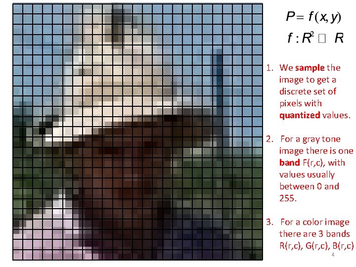 1. We sample the image to get a discrete set of pixels with quantized