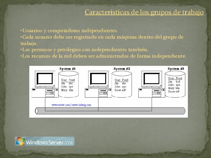 Características de los grupos de trabajo • Usuarios y computadoras independientes. • Cada usuario