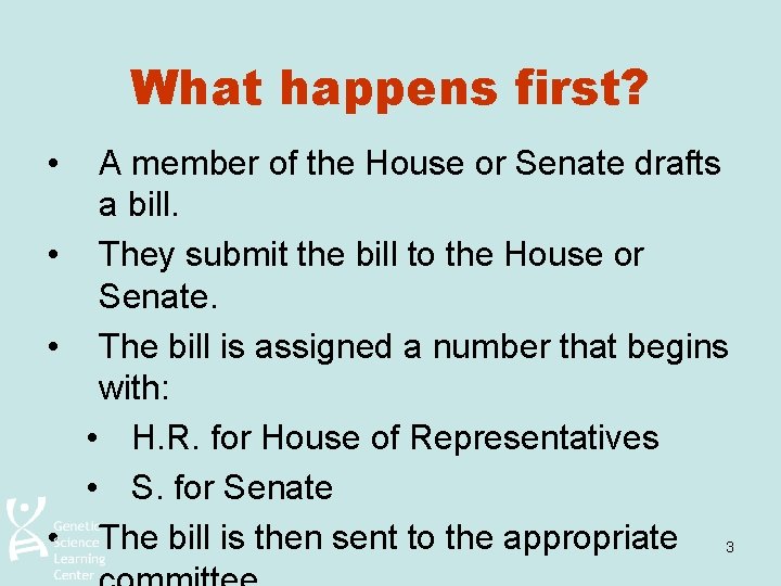 What happens first? • A member of the House or Senate drafts a bill.