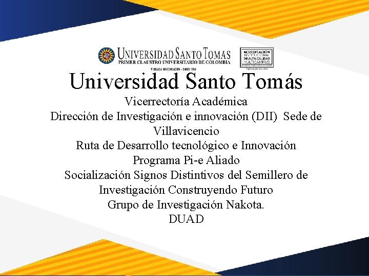 Universidad Santo Tomás Vicerrectoría Académica Dirección de Investigación e innovación (DII) Sede de Villavicencio