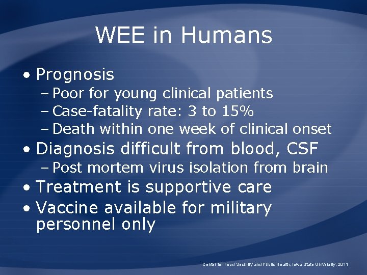 WEE in Humans • Prognosis – Poor for young clinical patients – Case-fatality rate: