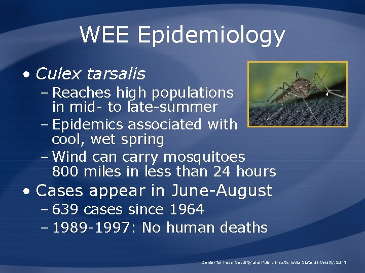 WEE Epidemiology • Culex tarsalis – Reaches high populations in mid- to late-summer –