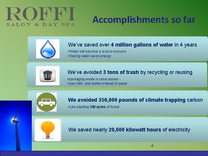 Accomplishments so far We’ve saved over 4 million gallons of water in 4 years