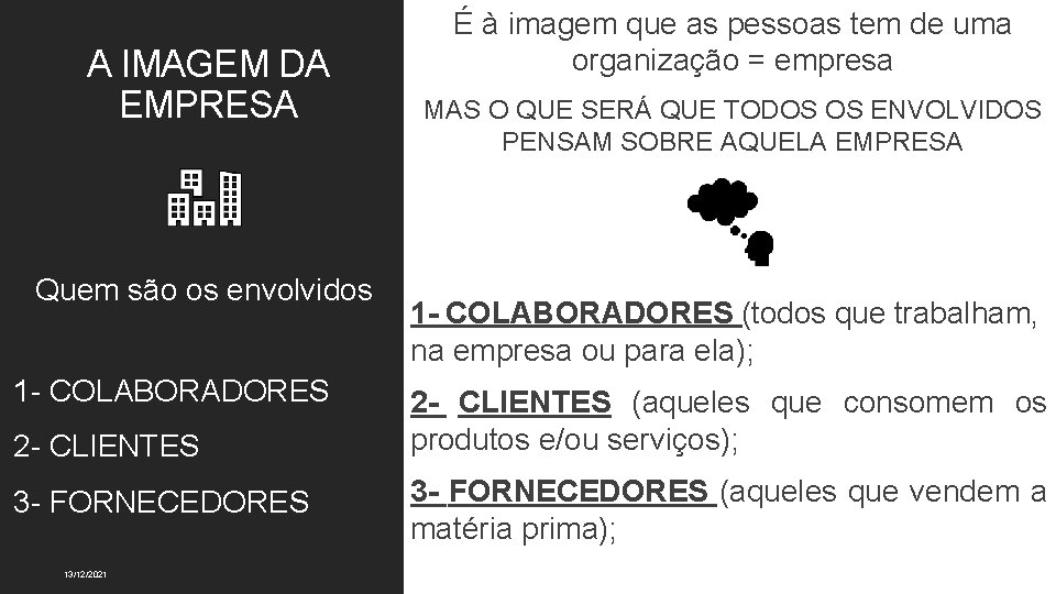 A IMAGEM DA EMPRESA Quem são os envolvidos 1 - COLABORADORES 2 - CLIENTES