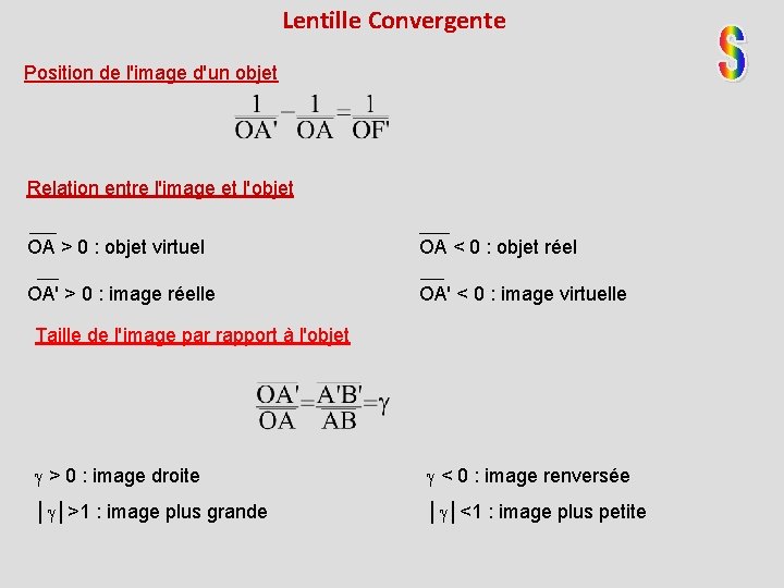 Lentille Convergente Position de l'image d'un objet Relation entre l'image et l'objet OA >
