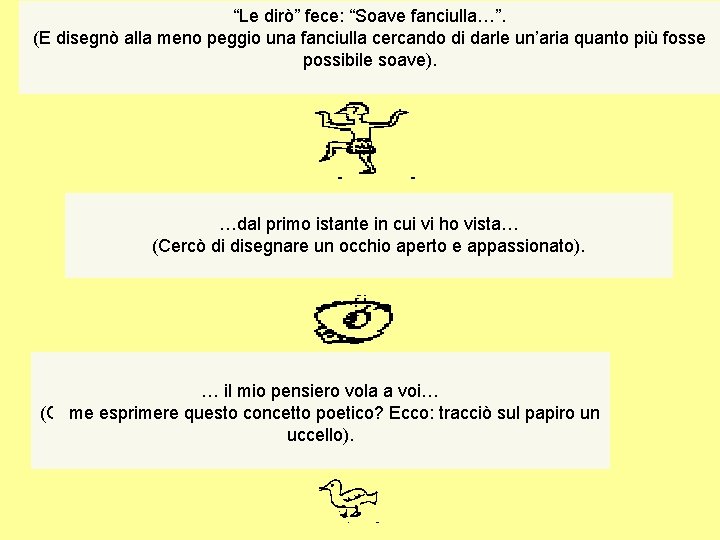 “Le dirò” fece: “Soave fanciulla…”. (E disegnò alla meno peggio una fanciulla cercando di