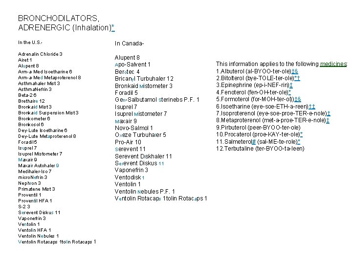 BRONCHODILATORS, ADRENERGIC (Inhalation)* In the U. S. Adrenalin Chloride 3 Airet 1 Alupent 8