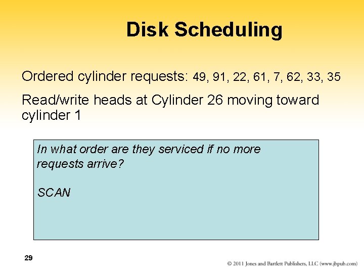 Disk Scheduling Ordered cylinder requests: 49, 91, 22, 61, 7, 62, 33, 35 Read/write