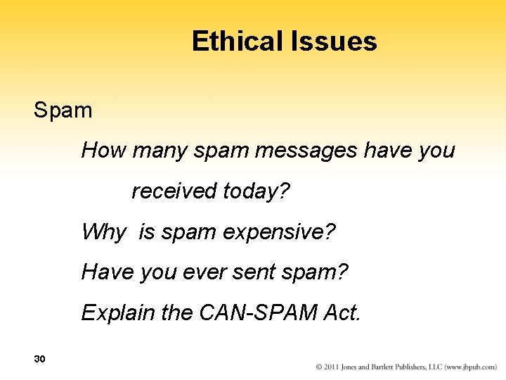 Ethical Issues Spam How many spam messages have you received today? Why is spam