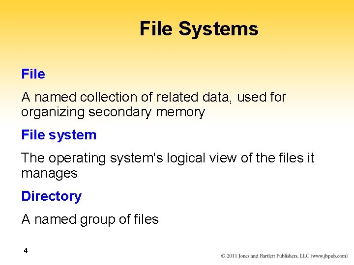 File Systems File A named collection of related data, used for organizing secondary memory