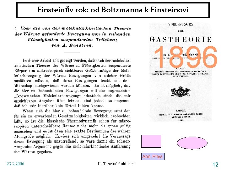Einsteinův rok: od Boltzmanna k Einsteinovi 1896 Ann. Phys. 23. 2. 2006 II. Tepelné