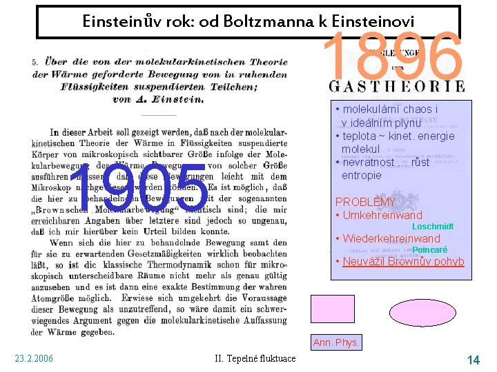 Einsteinův rok: od Boltzmanna k Einsteinovi 1896 • molekulární chaos i v ideálním plynu