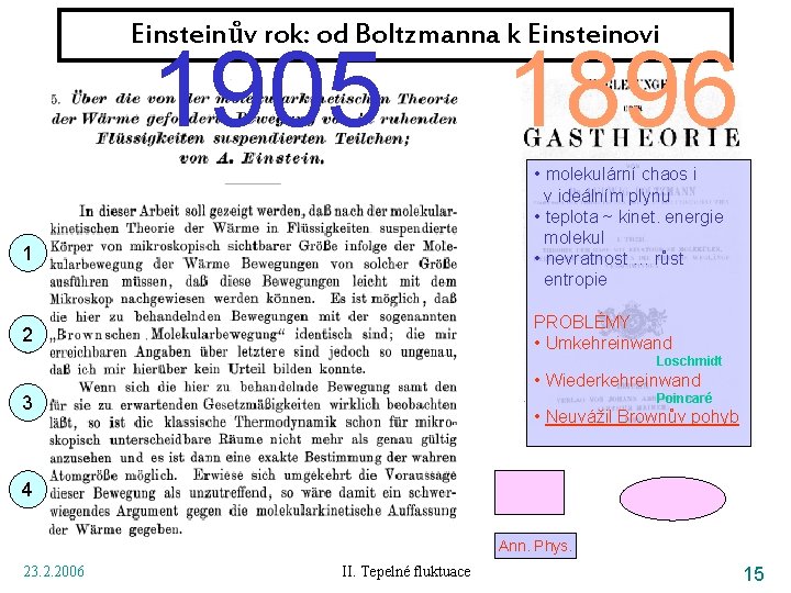 Einsteinův rok: od Boltzmanna k Einsteinovi 1905 1896 • molekulární chaos i v ideálním