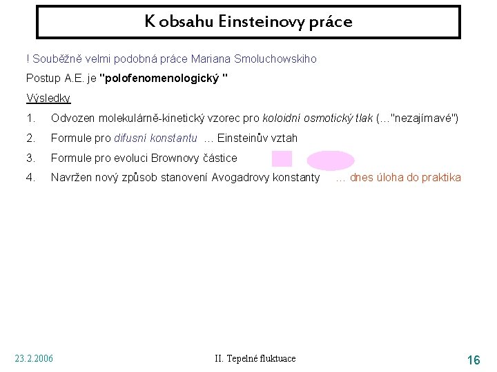 K obsahu Einsteinovy práce ! Souběžně velmi podobná práce Mariana Smoluchowskiho Postup A. E.