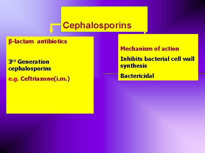 Cephalosporins β-lactam antibiotics Mechanism of action 3 rd Generation cephalosporins Inhibits bacterial cell wall Cephalosporins β-lactam antibiotics Mechanism of action 3 rd Generation cephalosporins Inhibits bacterial cell wall
