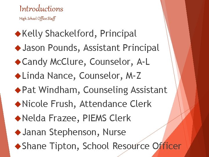 Introductions High School Office Staff Kelly Shackelford, Principal Jason Pounds, Assistant Principal Candy Mc.