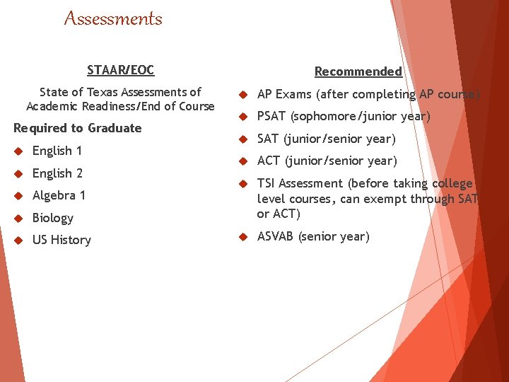 Assessments STAAR/EOC State of Texas Assessments of Academic Readiness/End of Course Required to Graduate