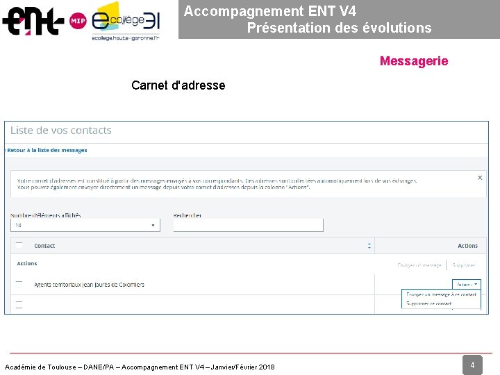 Accompagnement ENT V 4 Présentation des évolutions Messagerie Carnet d'adresse Académie de Toulouse –