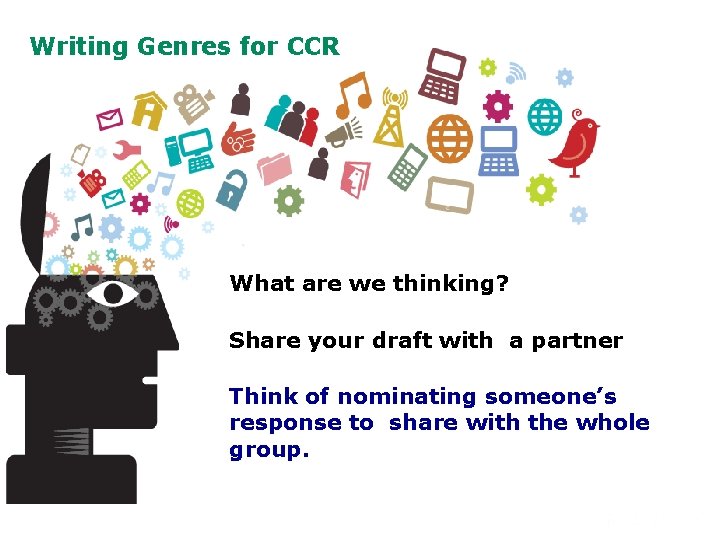 Writing Genres for CCR What are we thinking? Share your draft with a partner