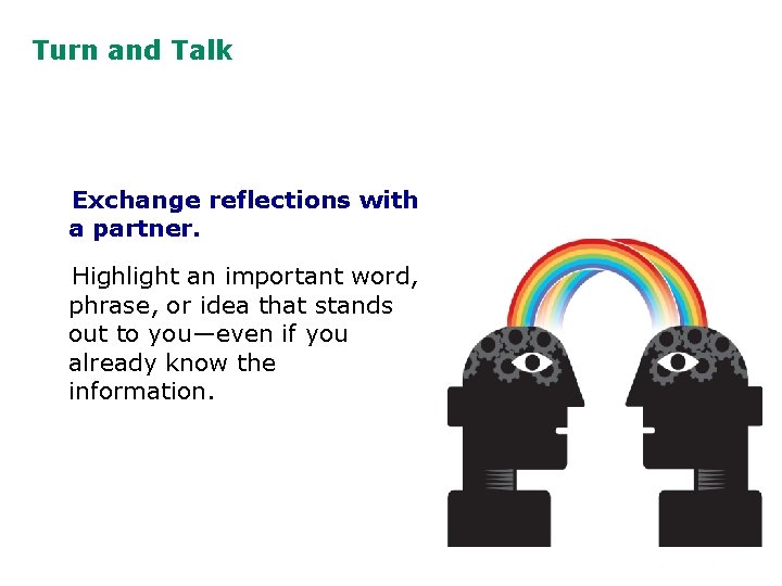 Turn and Talk Exchange reflections with a partner. Highlight an important word, phrase, or