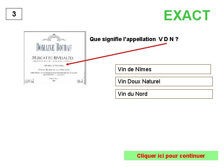 EXACT 3 Que signifie l’appellation V D N ? Vin de Nîmes Vin Doux