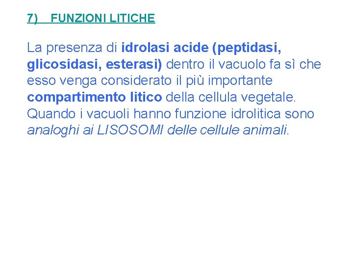 7) FUNZIONI LITICHE La presenza di idrolasi acide (peptidasi, glicosidasi, esterasi) dentro il vacuolo