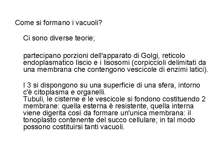 Come si formano i vacuoli? Ci sono diverse teorie; partecipano porzioni dell'apparato di Golgi,