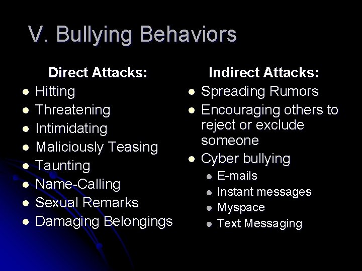 V. Bullying Behaviors l l l l Direct Attacks: Hitting Threatening Intimidating Maliciously Teasing