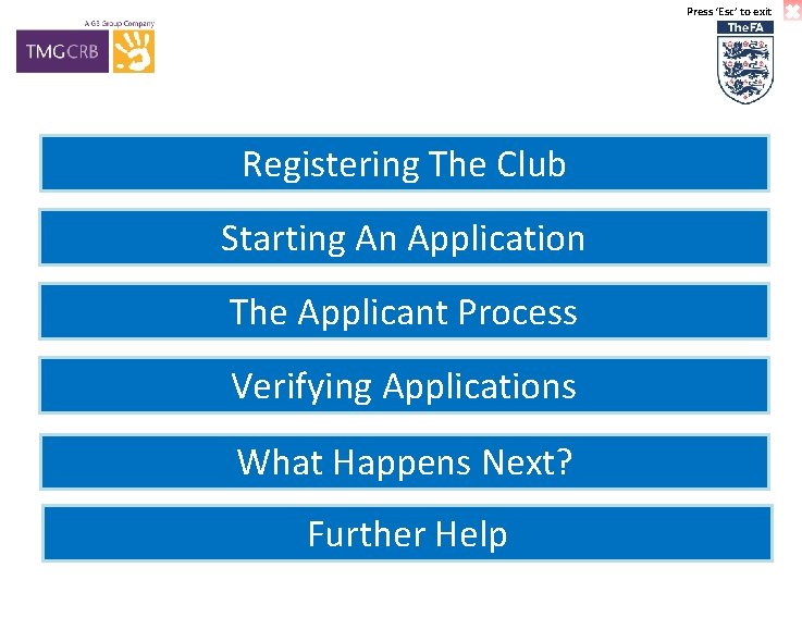 Press ‘Esc’ to exit Registering The Club Starting An Application The Applicant Process Verifying