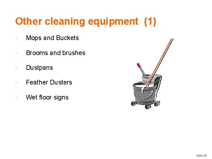 Other cleaning equipment (1) Mops and Buckets Brooms and brushes Dustpans Feather Dusters Wet