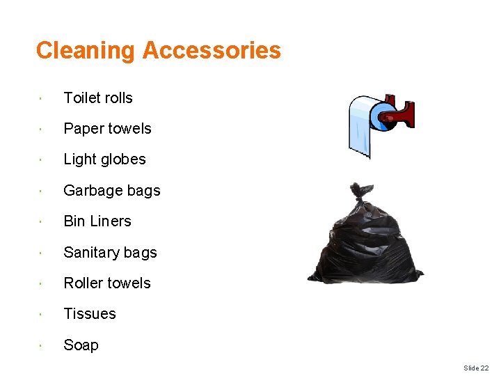 Cleaning Accessories Toilet rolls Paper towels Light globes Garbage bags Bin Liners Sanitary bags